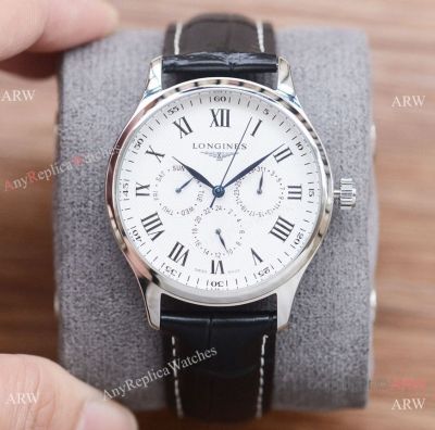 Copy Longines Master Complications Automatic Watches Black Leather Strap